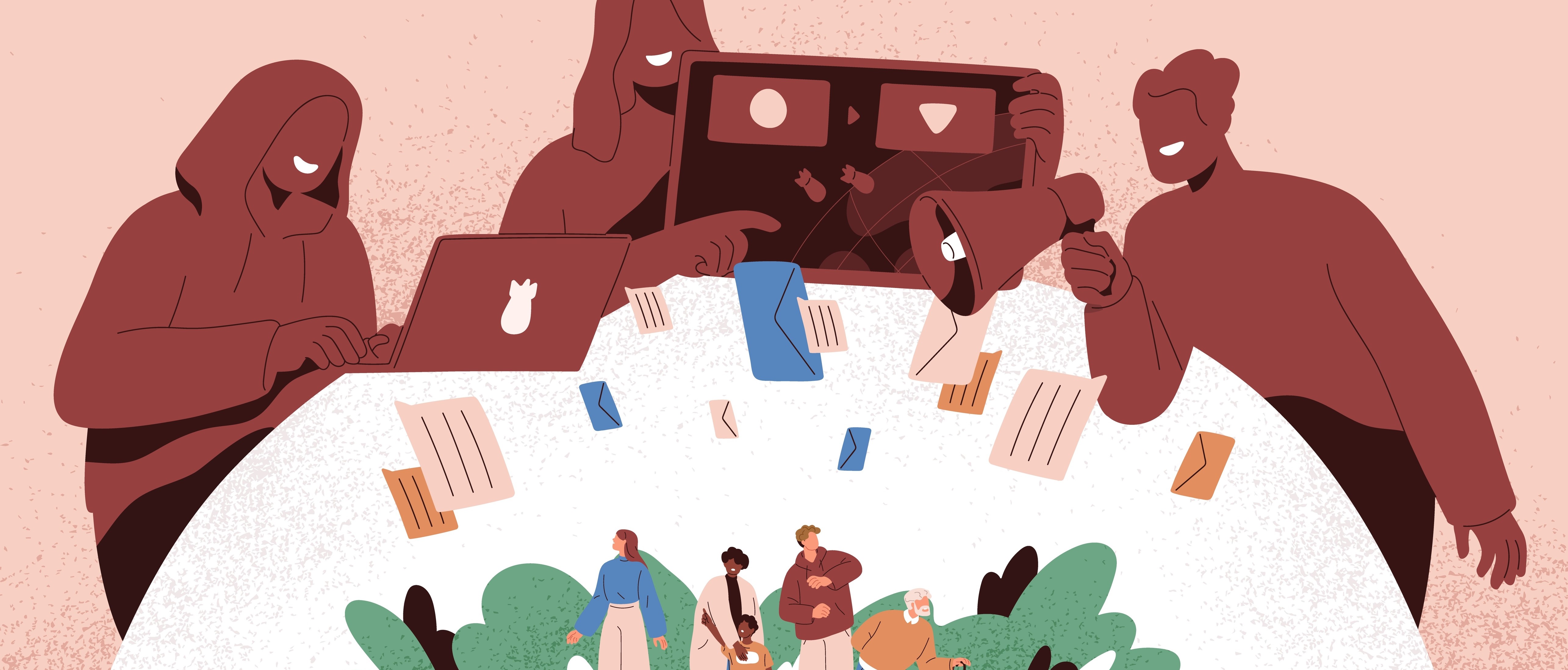 Figures overlooking a table containing miniature people and trees, and scheming to influence them using various means of communication represented by a megaphone and documents falling towards them 